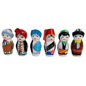 Folk Art Mini Kokeshi Clay Dolls Set of 6 Collectible Figurines Hand Painted